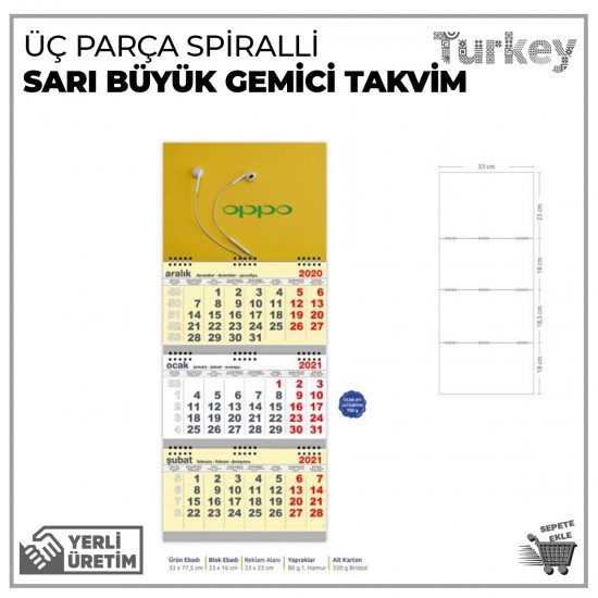 Büyük Gemici Takvim Üç Parça Spiralli